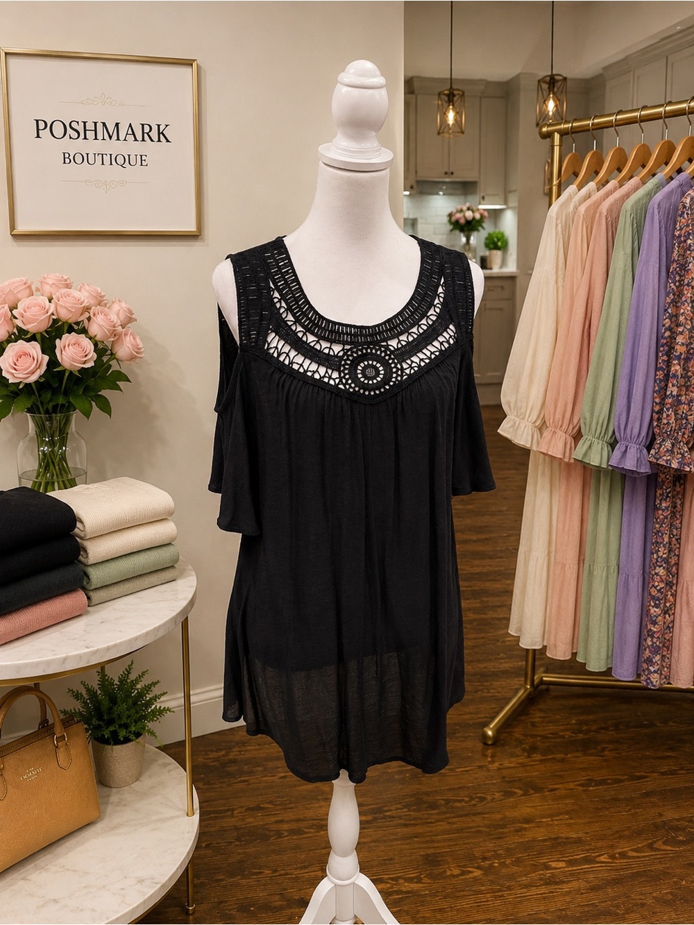 Catalina Black Cold Shoulder Lace Crochet Top Medium Boho Flowy